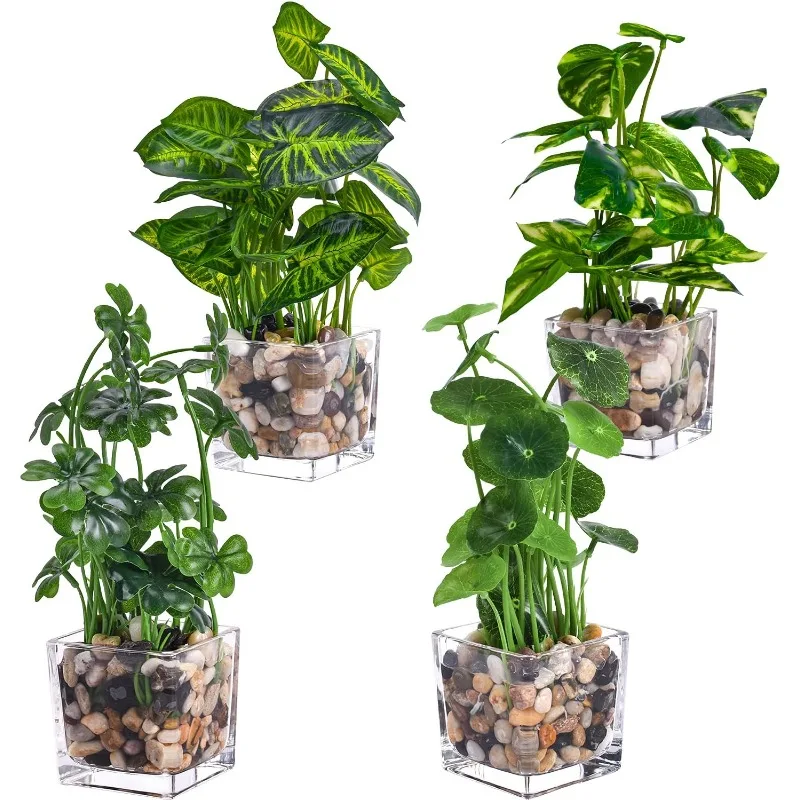 Artificial Potted Plants, Set of 4 Faux Tabletop Greenery with Clear Glass Pots and Cobblestones, Included Artificial Taro