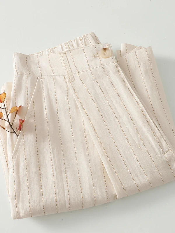 Slimming High Waist Wide Leg Casual Pants Women's Summer Thin A-Line Five-Quarter Length Pocket Detail Striped Straight Cut T...