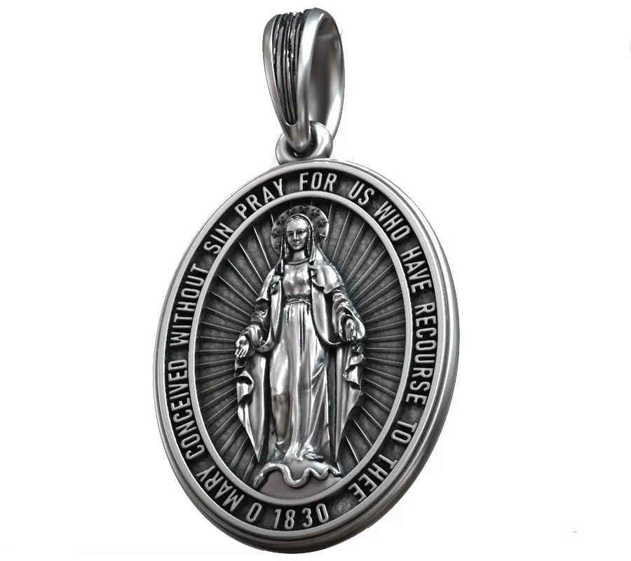 9.5g Catholic Miraculous Medal Virgin Mary Art Relief Gold Pendant Customized 925 SOLID STERLING Silver Pendant