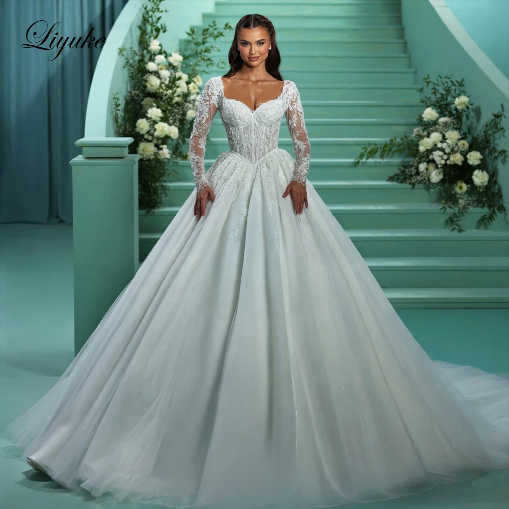 

Liyuke Custom Made Sweetheart Ball Gown Wedding Dresses With Shiny Lace Full Sleeves Bride Skirts Vestido De Noiva