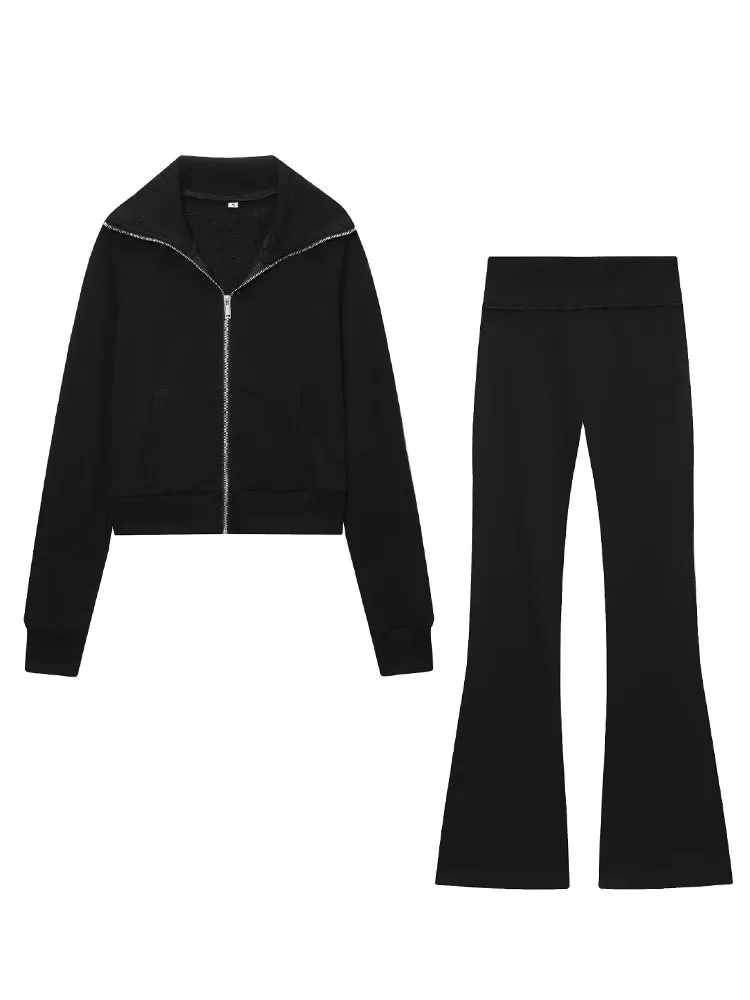 

HH Female Autumn Fashion Sets Solid Turn-Down Collar Long Sleeves Pockets Zipper+Elastic Waist Long Pants Women Casual Suits