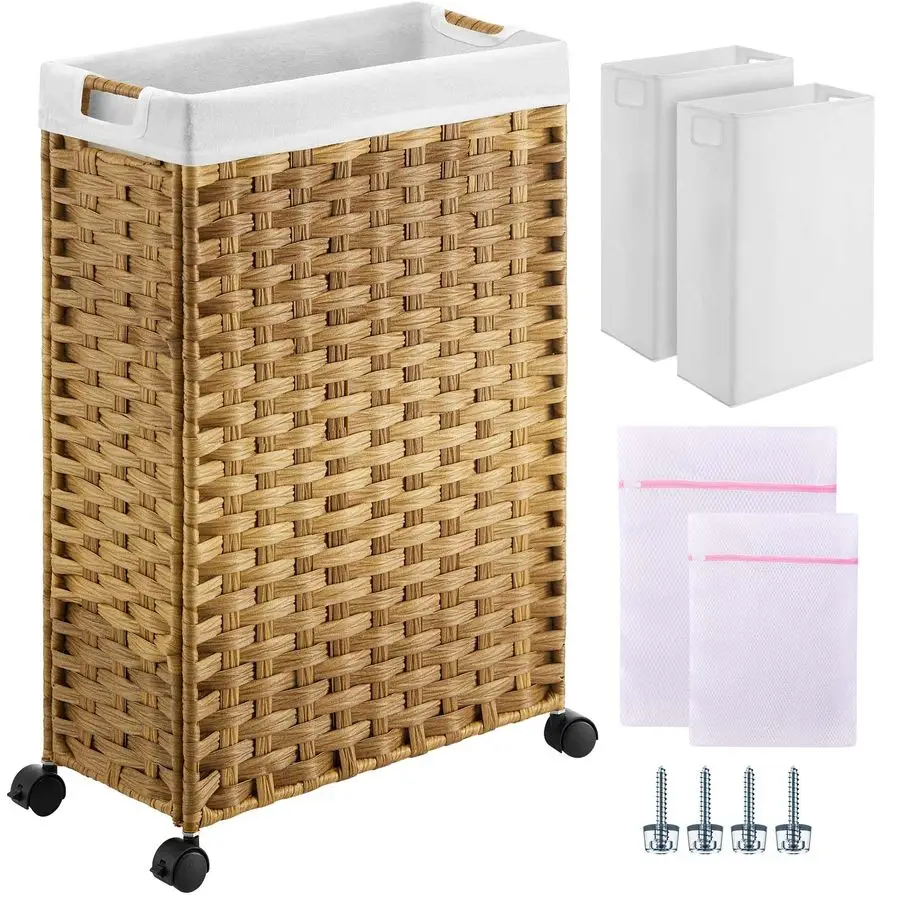 

Laundry Hamper with Wheels, 11.9 Gallon 45L Small Clothes Hamper with 2 Removable Liner Bags amp 2 Mesh Bags, Slim Rattan Laundr