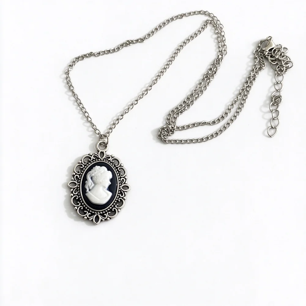 30 pcs/lot Vintage Cameo Lady Portrait Necklace, Victorian Retro Hollow Silver Frame Pendant Necklace Gothic Jewelry Gift