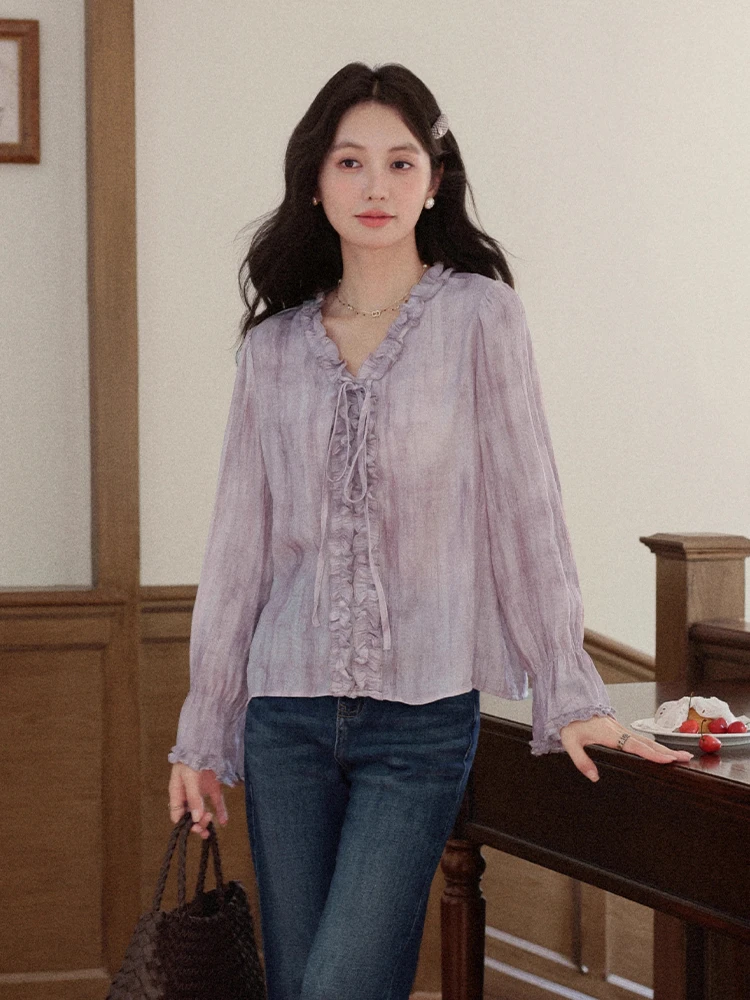 

ALXNAN Women's Purple Shirt Elegant V-neck Casual Office Lady Blouses 2025 Autumn Long Sleeve Tops Female Chiffon Shirt L569129