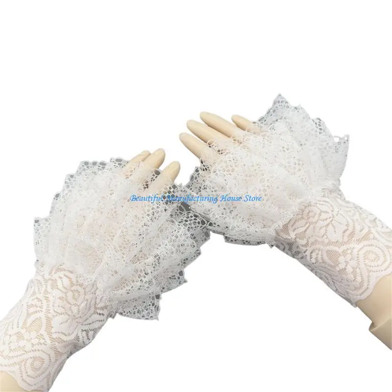 E56A Detachable False Sleeves Lace Mesh Flared Sleeves Pleated Wrist Cuffs Sweater