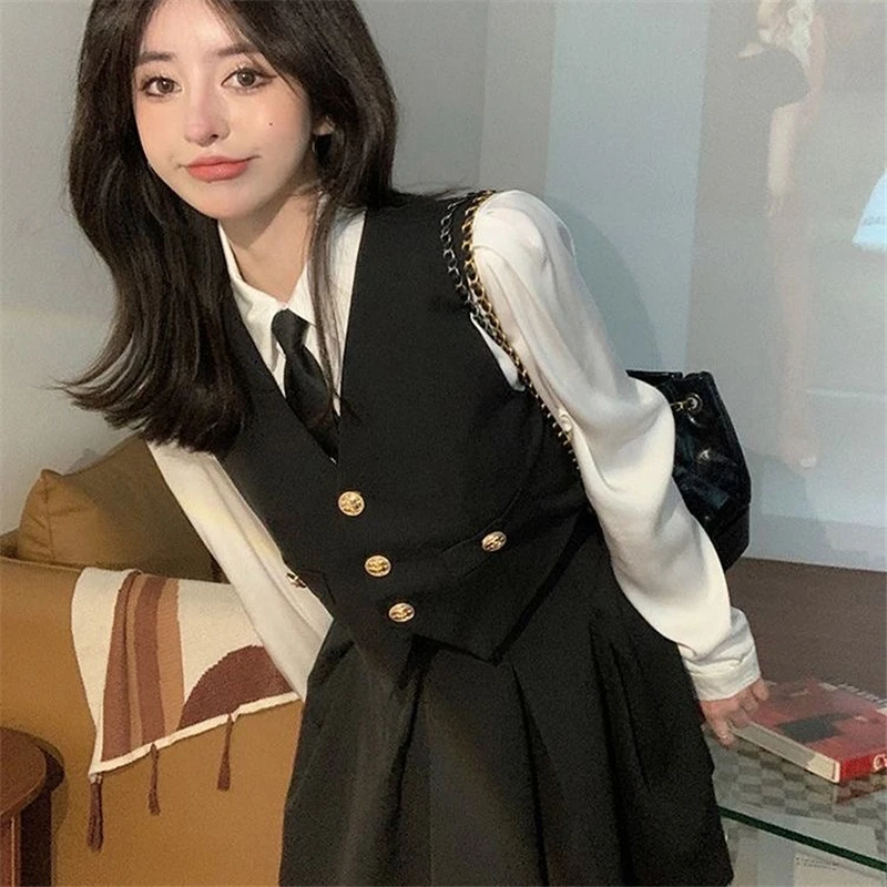 Spring Autumn Preppy Style Tie Vest Black Suit Women's 4-Piece Set Korean American Hot Girls Online Celebrities JK Uniform Set