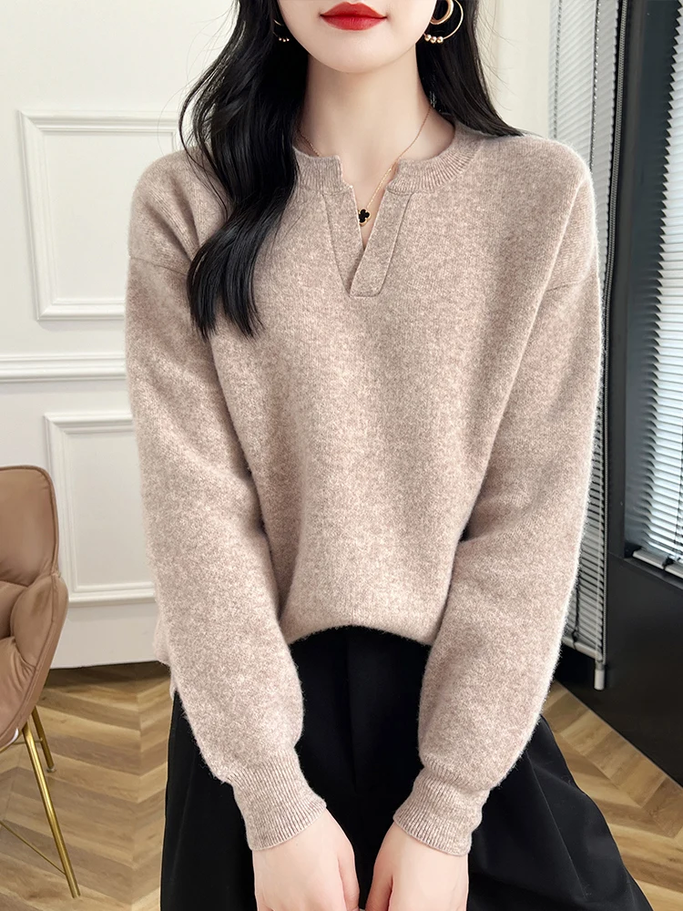 100% Merino Wool Women's V-neck Pullover Sweater  Autumn Winter  Basic Style Long Sleeve Cashmere Knitwear Female Fashion Tops