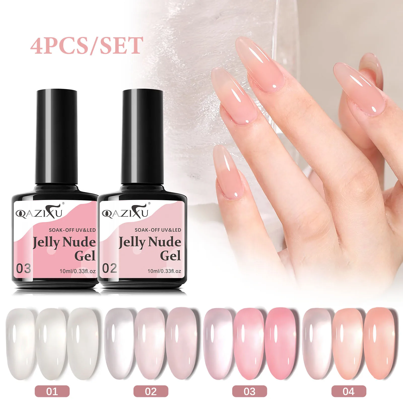 QAZIXU 1/4 Stück Jelly Nude Gel Nagellack 4 Farben Semi-Permanent Transparentes Nagelgel Abziehbarer UV-LED Nagellack Beliebte Farbe