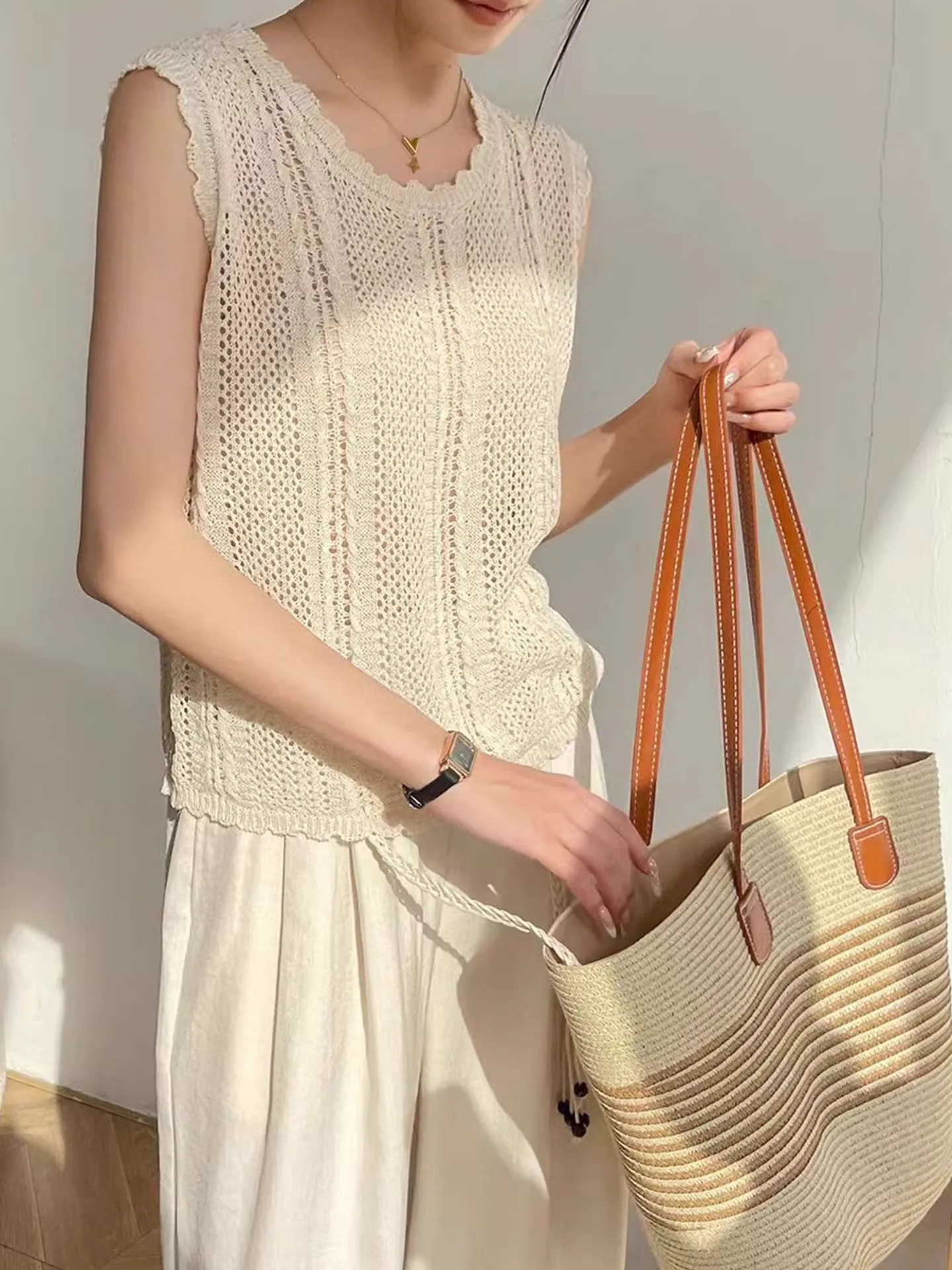 

Вязаный свитер Ele Svel с ажурным дизайном, удобный, мягкий, дышащий, корейский стиль, прямой крой, шелк