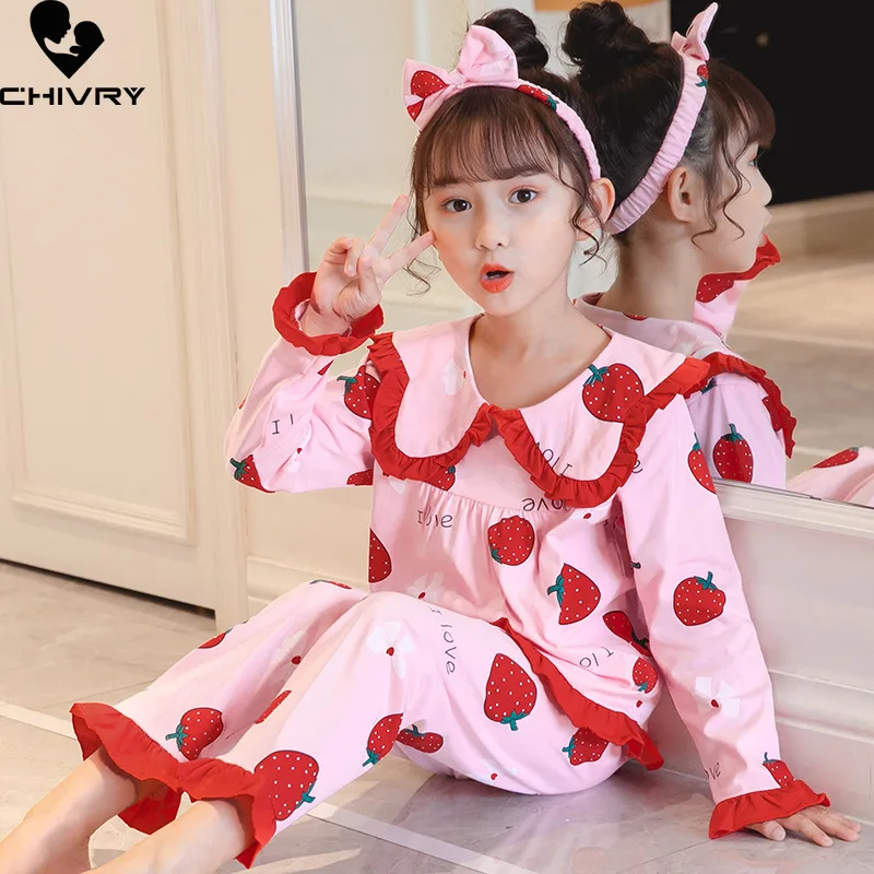 New Girls Pajamas Sets Casual Cartoon Print Long Sleeve Lapel Shirt Tops with Pants Baby Spring Summer Loose Sleeping Homewear