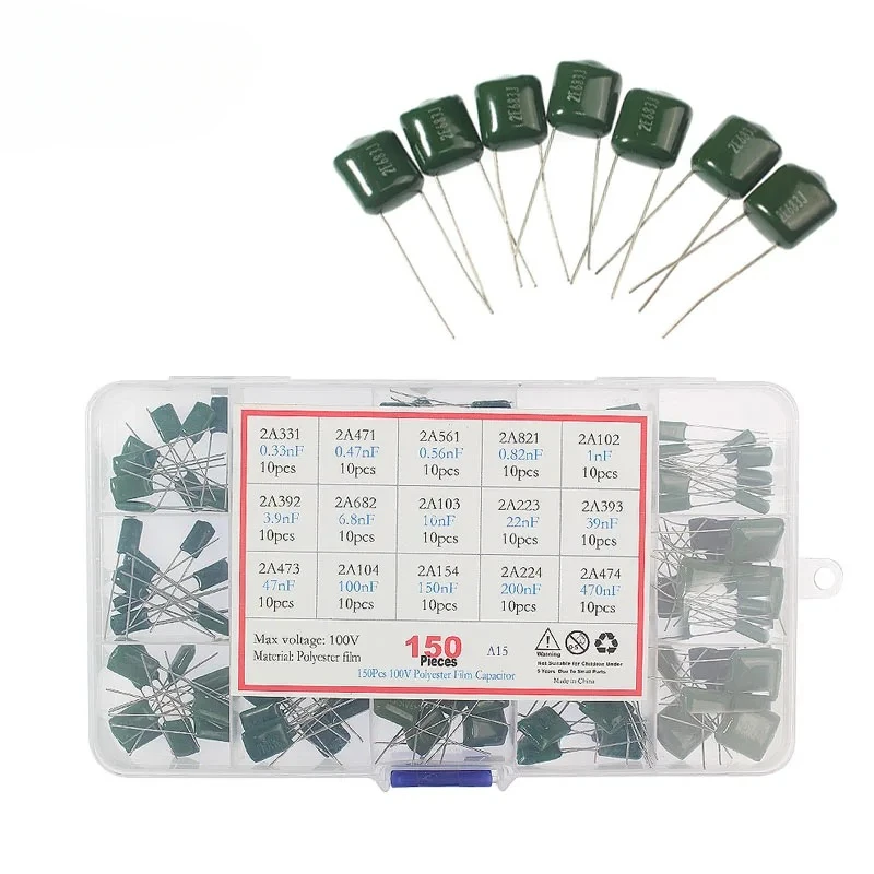 15 soorten 150 100V (0,47nF ~ 470nF) polyester condensator sorteerdoosset