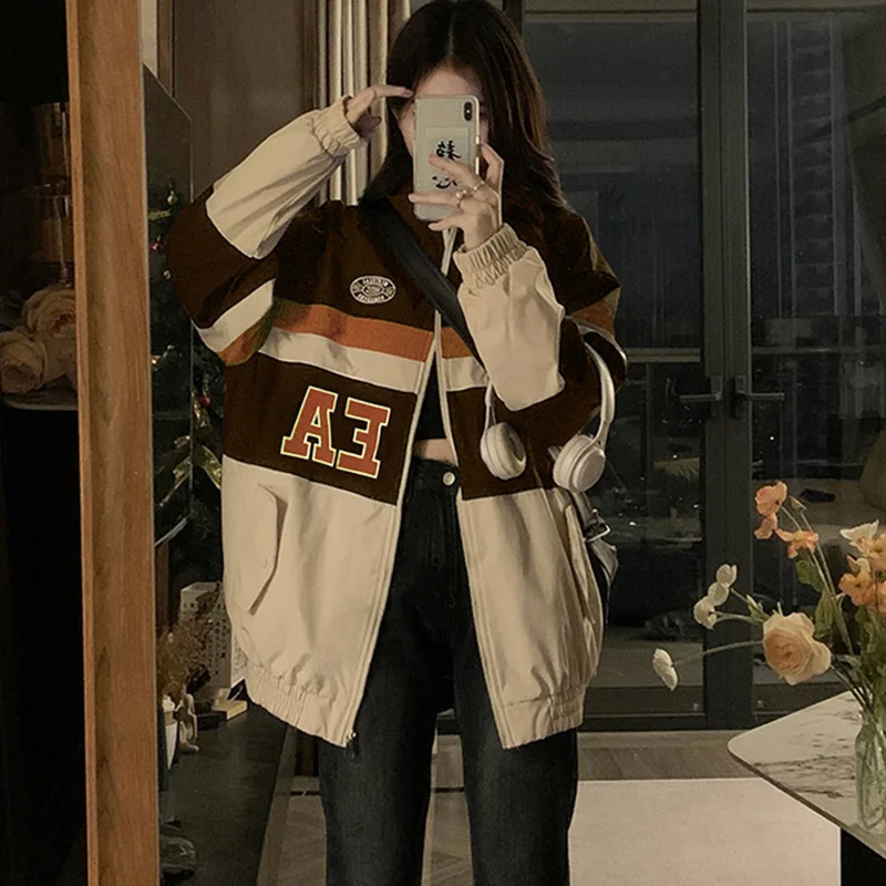 Women Oversize Jacket American Retro Casual High Street Loose Baseball Uniform Female Autumn Winter Letter Patchwork Outwear