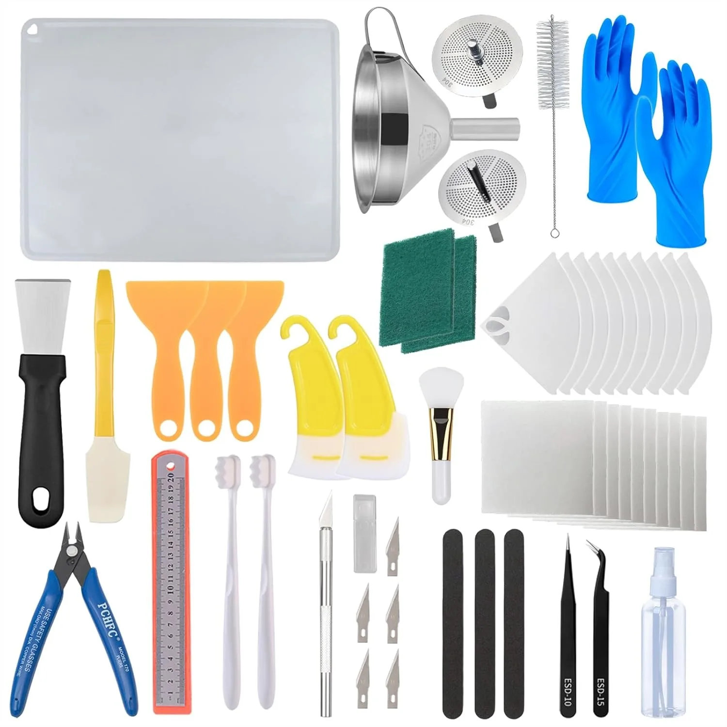 

52 Pcs Resin 3D Printing Tool Kit with 304 Stainless Steel Funnel, Silicone Pad, Scraper & Tweezers for Model Removal and