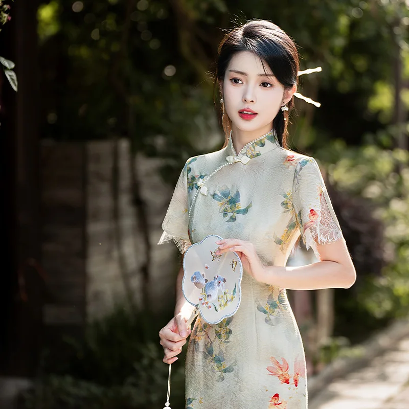 Yourqipao Summer Ramie Cheongsam Young Fairy Skirt Double-layer Gentle Photograph Qipao Chinese Style Evening Dress for Women