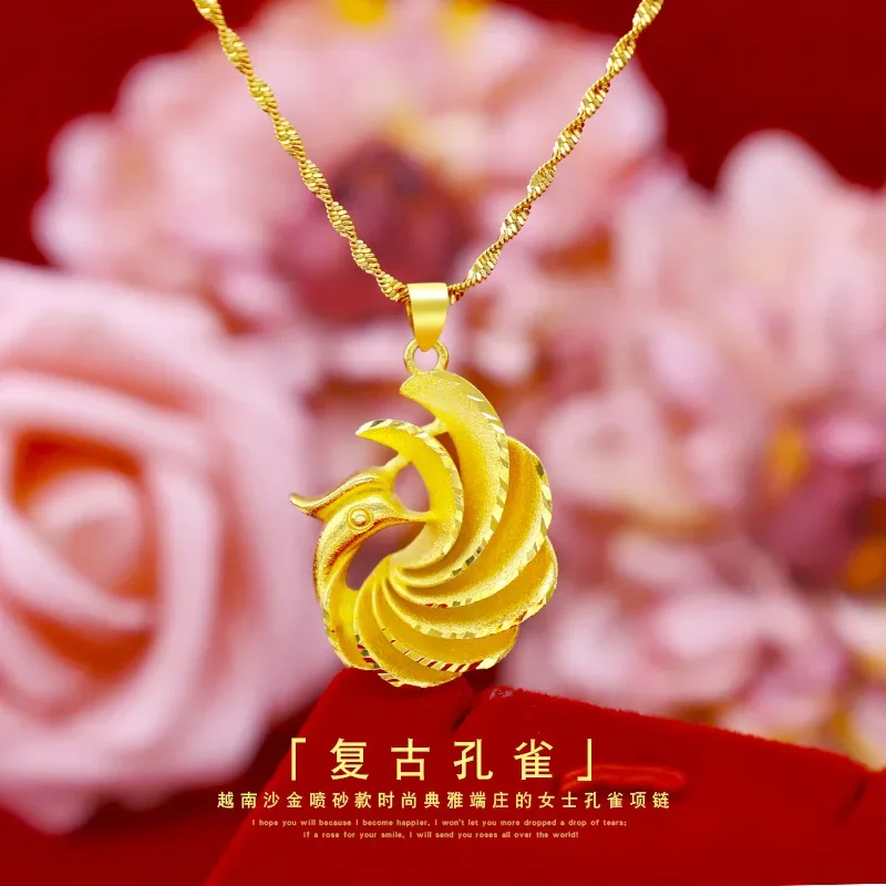 9999 Real Gold 24K Peacock Women Necklace Real Gold Fashion Retro Peacock Women Collarbone Chain