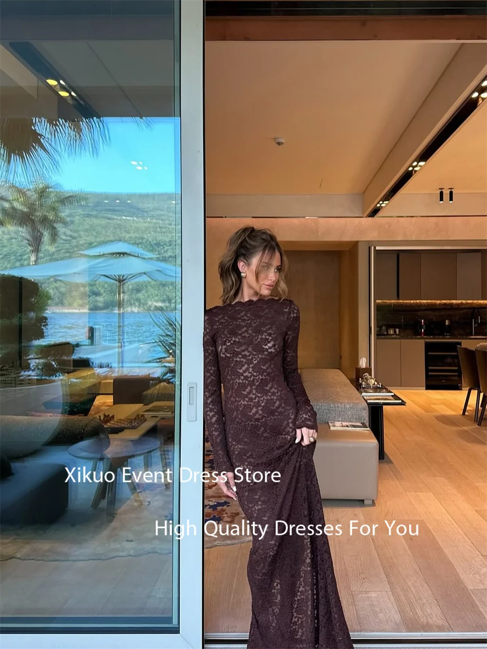 Xikuo Abiti lunghi sexy in pizzo marrone Abiti da sera Appliques Abiti aderenti De Verano 2025 Abiti da festa di alta qualità personalizzati