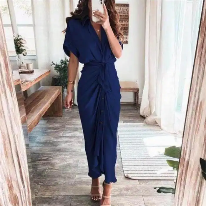 Sexy Slim Fit Lange irt Dr Midi Bluse Damen Street Sle V Ne High Waist ort Sve Blumendruckkleid mit Falten...