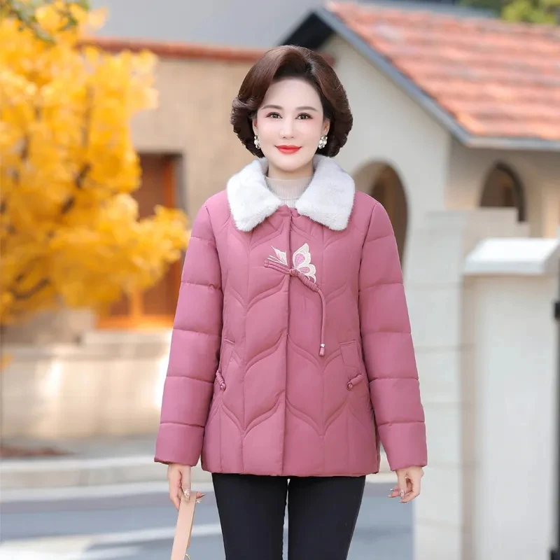 Thick Warm Winter Cotton Padded Jackets Loose Women's Parkas Fleece Turndown Collar Butterfly Print Covered Button Zipper Female