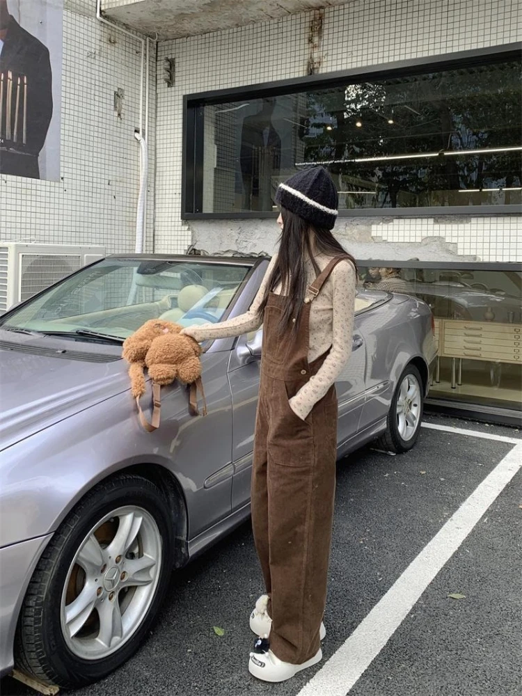 

Винтажный вельветовый комбинезон для женщин, свободный крой, широкие штанины, осенний повседневный комбинезон, модный студенческий стиль