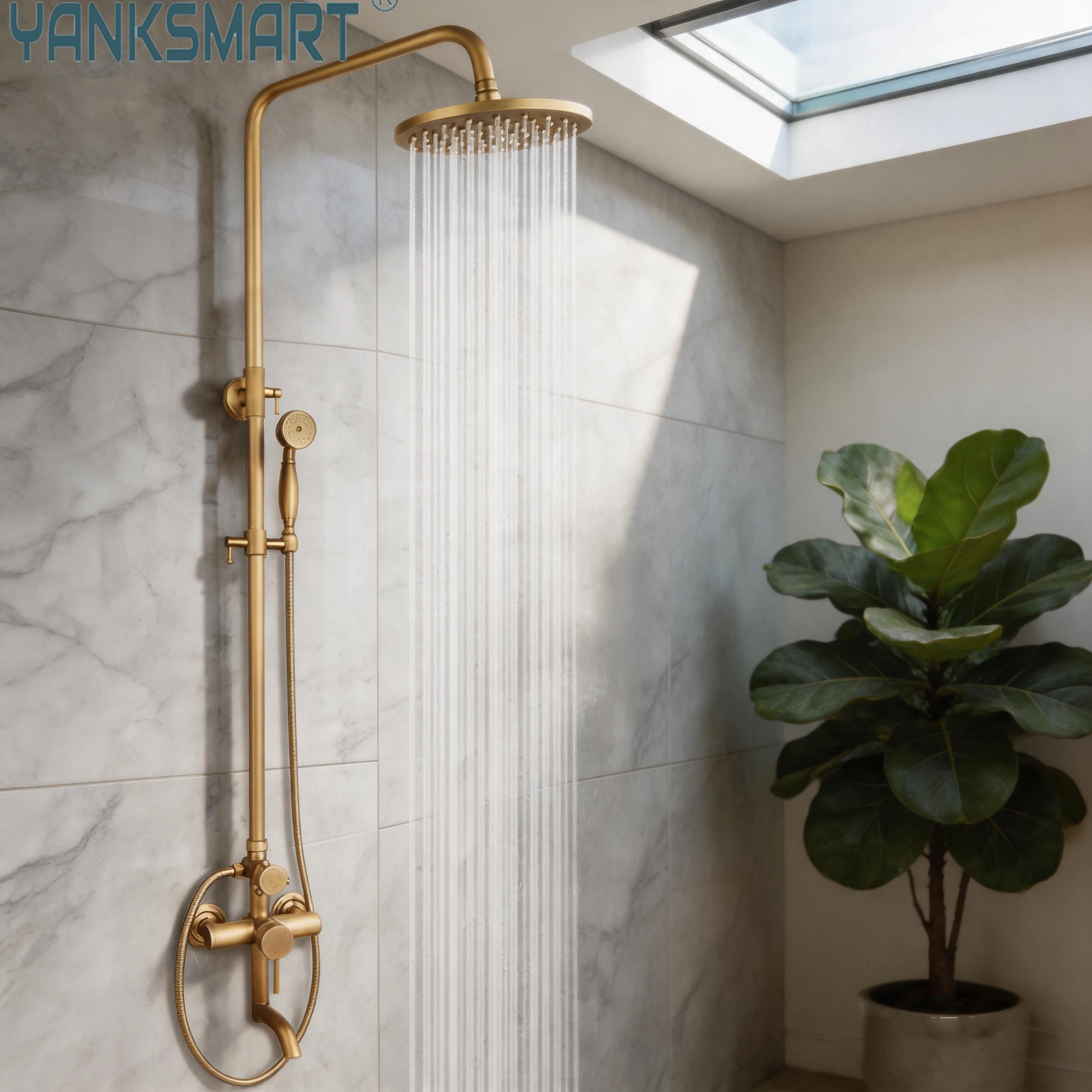 

YANKSMART Antique Brass Bathroom Shower System Set Wall Mount Chuveiro 8" Rain Shower Head Single Handle w/ Handshower Combo Kit