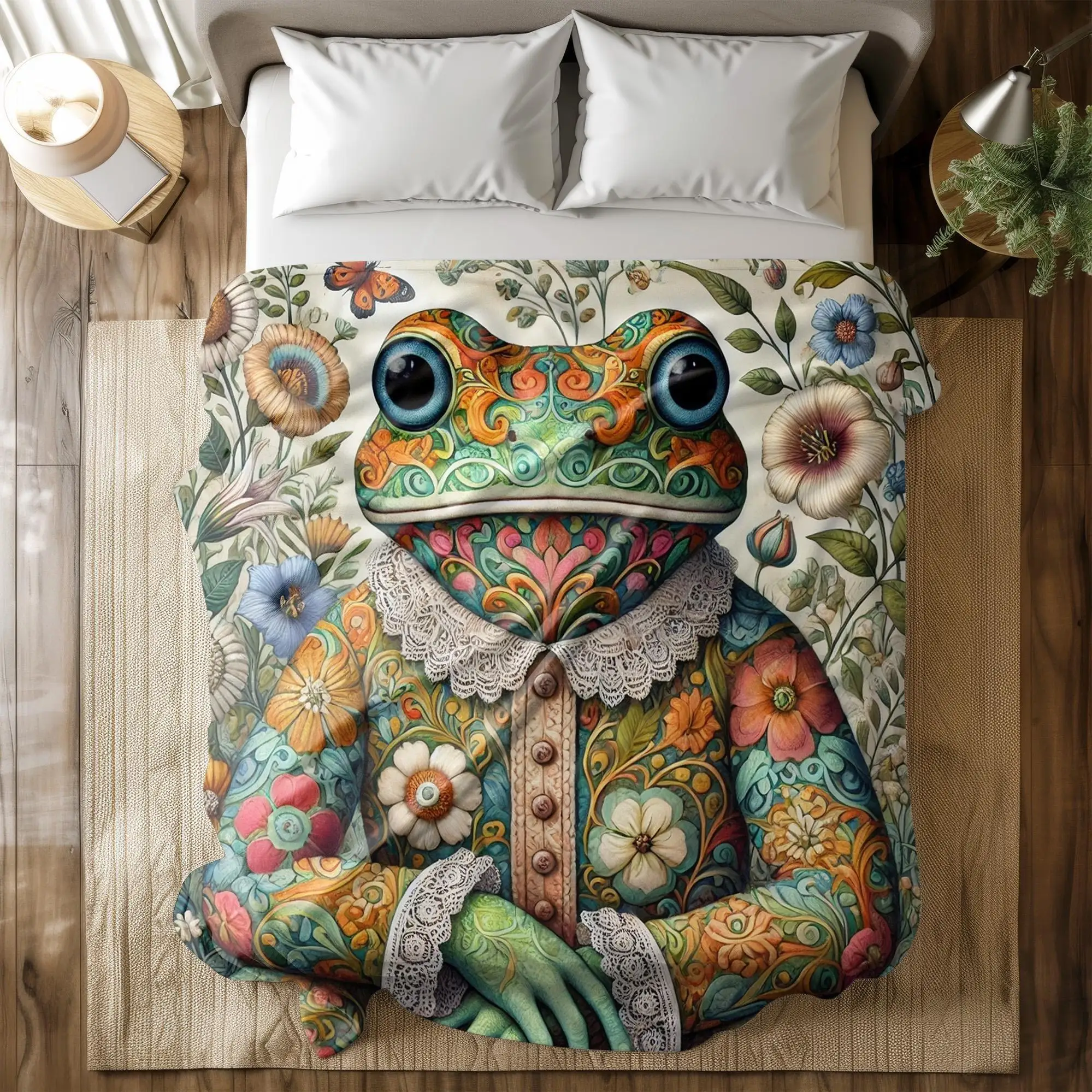 Colorful flower frog pattern Flannel printed blanket suitable for all seasons suitable for living room office sofa and travel