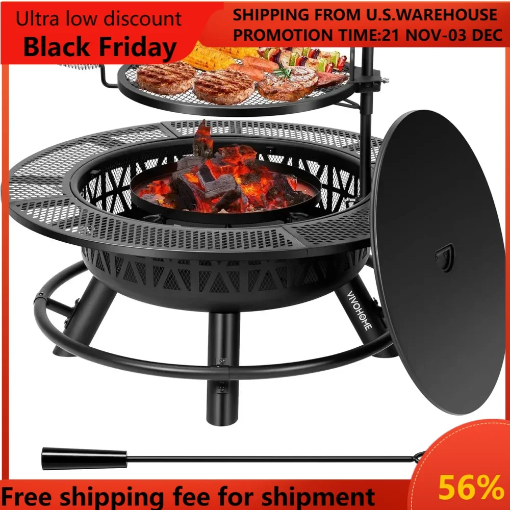 35 Inch Fire Pit with Cooking Grill Grate & Charcoal Pan, 3-in-1 Wood Burning Firepits with Cover Lid, Metal Table for