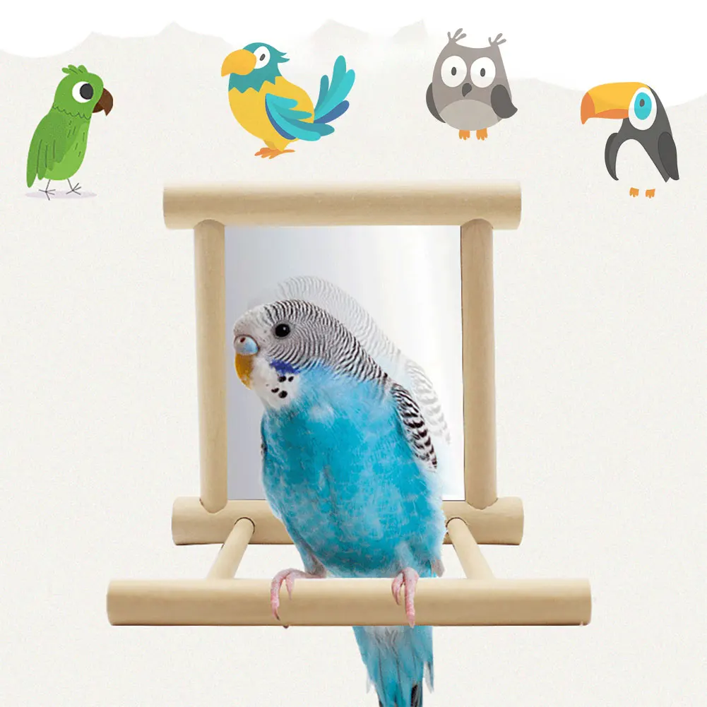 Espejo de madera para pájaros, juguete interactivo con perca para loros pequeños, periquitos, cacatúas, accesorios para jaula
