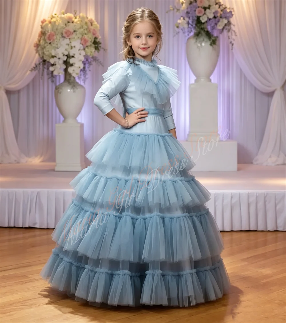 Girls Luxury High Neck Layered Fluffy 3/4 Sleeves Dress Children's First Communion Wedding Party Evening Gown
