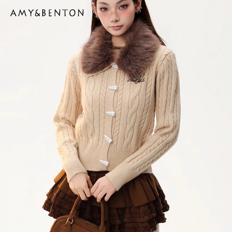 

French Style Furry Collar Horn Button Atmosphere Knitted Women's Cardigan 2025 Winter New Christmas Red Sweater Coats Ladies
