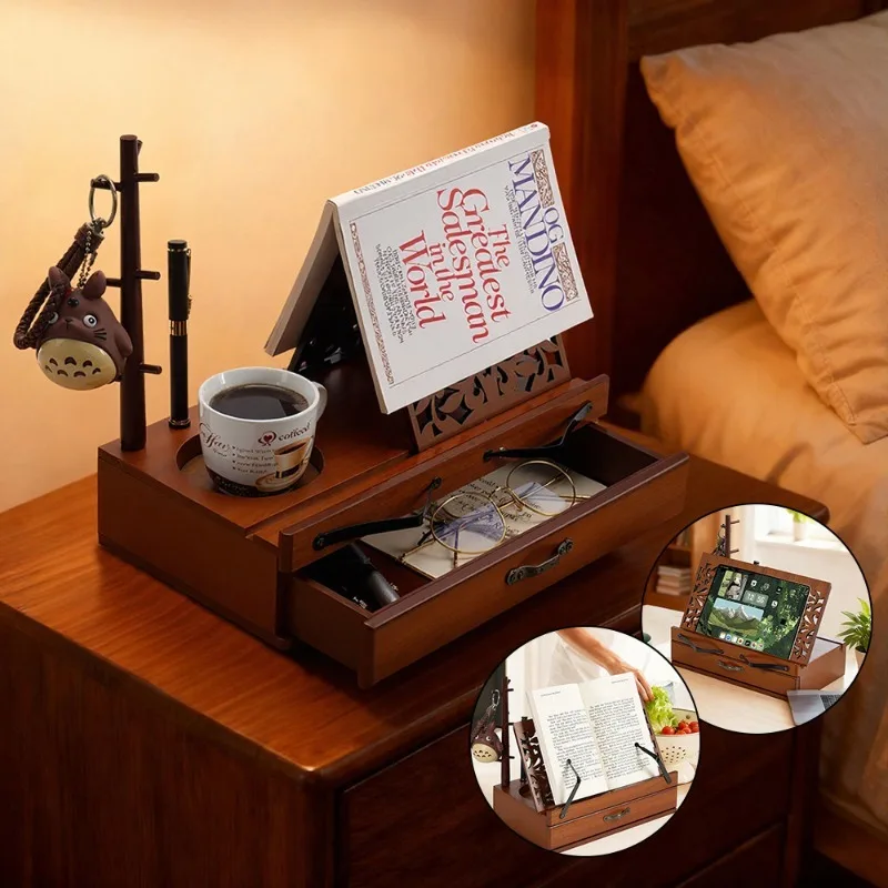 Retro brown reading bookshelf wooden hollow with drawer key pen coffee cup storage wooden handicrafts