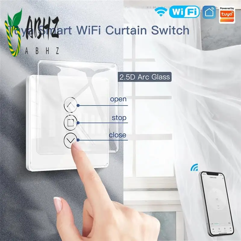 

ABHZ-Tuya Wi-Fi RF433 2,5D дуговой переключатель для штор, стеклянная сенсорная панель для рулонных жалюзи, переключатель умного приложения, беспроводной Alexa