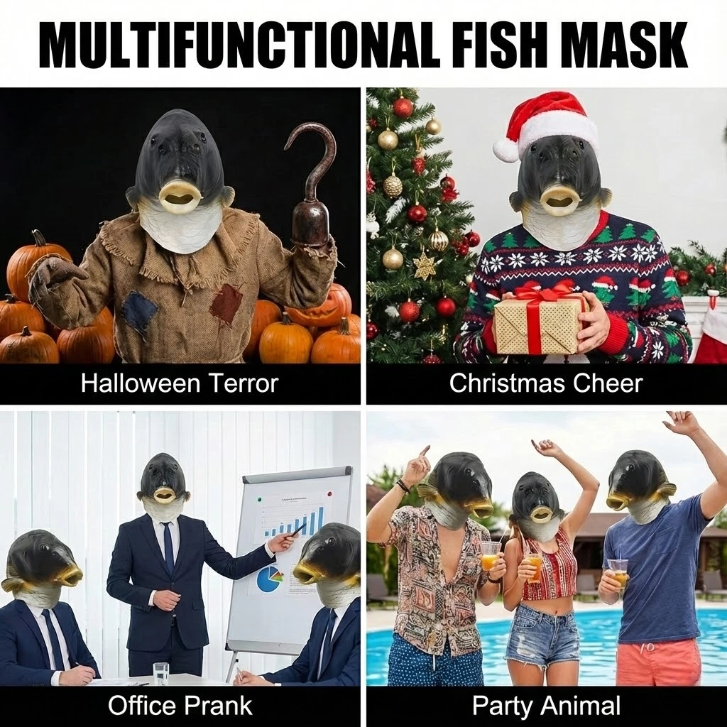 Fish Head Mask Funny Animal Black Carp Mask For Halloween Birthday Party Animal Cosplay Head Cover Prank Prop Fish Latex Masks
