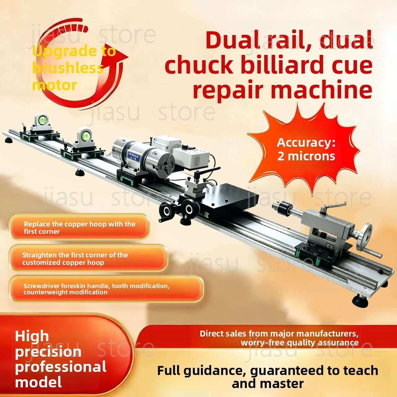 Integrated billiards repair machine with dual tracks and dual chucks, infinitely variable speed repair head