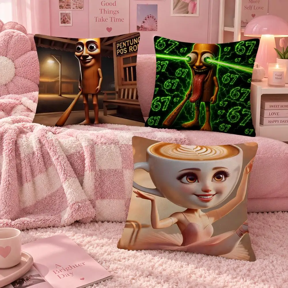 Meme Funny Tung Tung Tung Sahur Cushion Cover Soft Throw Pillow Cover Washable Plush Cushion Case for Sofa Bed Living Room