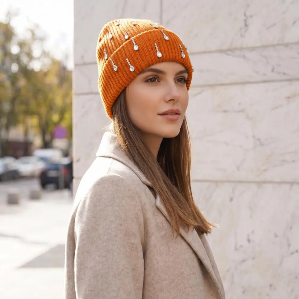 Comfortable Thick Knitted S Warm Knitted Caps with Rhinestones Waterdrop Rhinestone Knit Hat Bling Stretchy Winter for Women