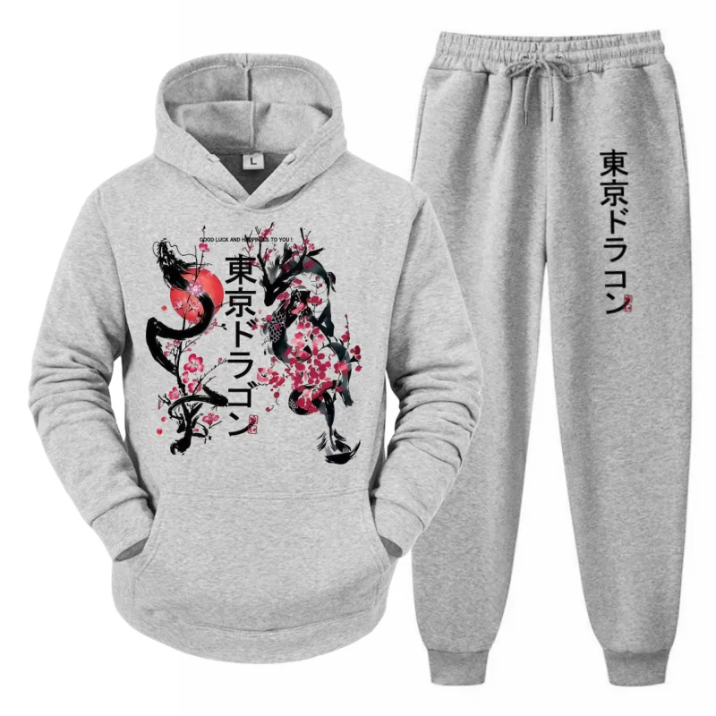 مجموعة حرارية خارجية للخريف والشتاء للرجال - هوديي من الصوف + بنطلون بطبعة طوكيو دراجون بلوم، كاجوال مريح من قطعتين #3