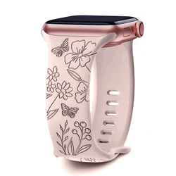 Floral Engraved Strap For Apple Watch Band 41mm 44mm 40mm 49mm 45mm 38mm 42mm silicone bracelet iwatch series 9 7 se 6 8 ultra 2