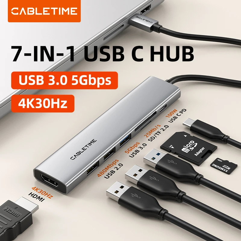 

Многофункциональный USB-хаб CABLETIME 7-в-1 с разъемами Type-C, HDMI 4K, слотами для карт SD/TF и быстрой зарядкой PD для MacBook Pro/Air