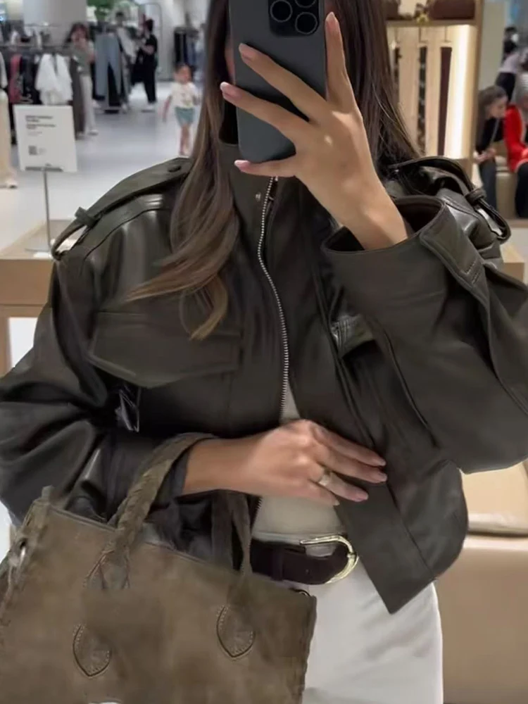 2025 feminino efeito de couro falso jaqueta curta vintage gola manga longa com alças bolsos casual streetwear