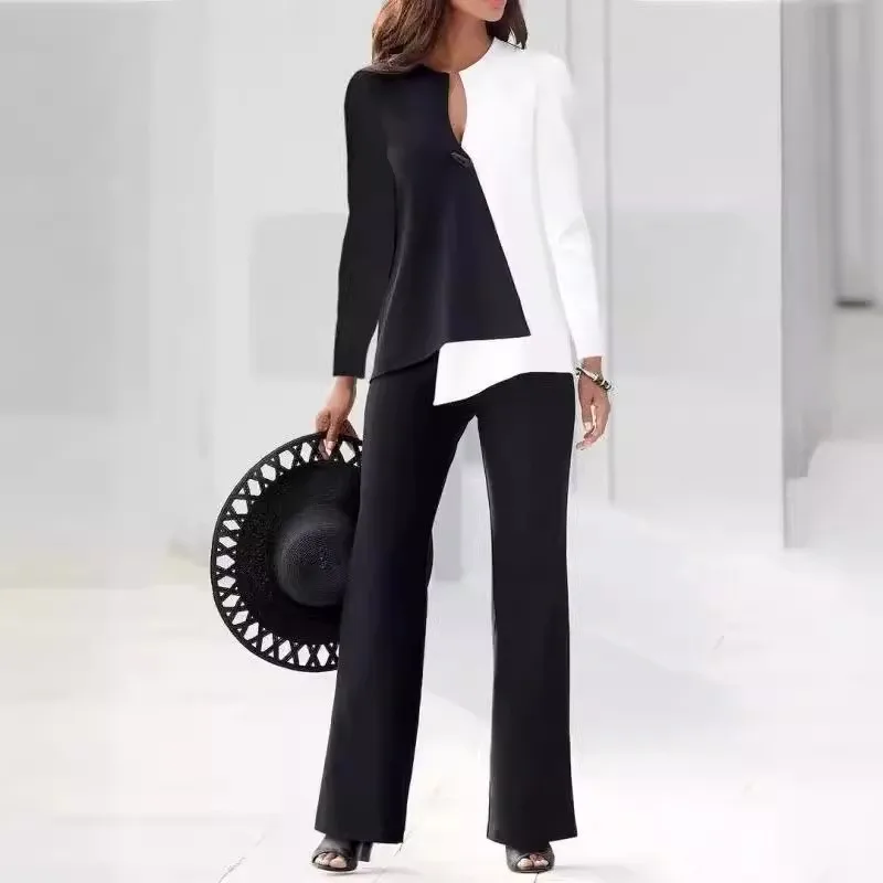 

Black White Contrast Two-piece Set Fashion Patchwork Women Elegant Office Lady Clothing Stripe Splicing Shirt Top Long Pants Set