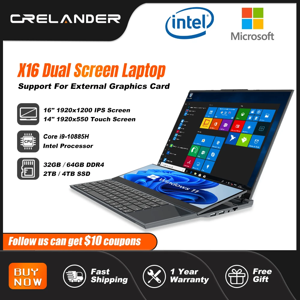 CRELANDER Dual Screen Laptop 16 Inch 2K LCD + 14 Inch Touch Screen Core i9 10885H 64GB RAM Zenbook Duo Laptop Gaming Notebook