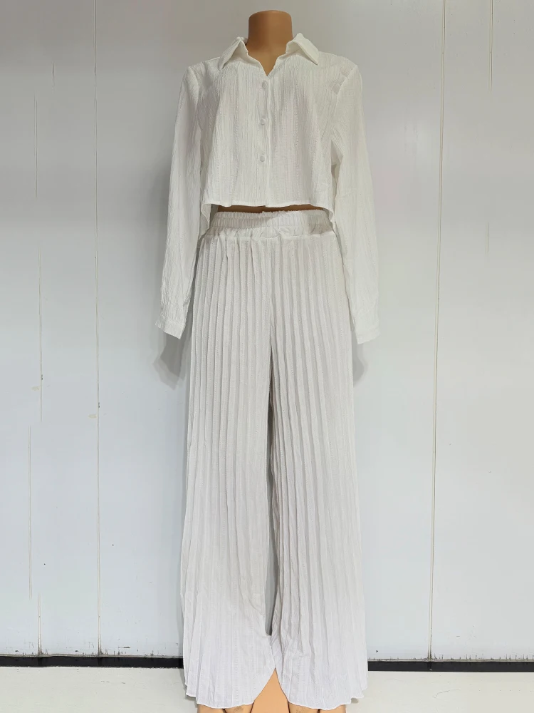 Solid color lapel long-sleeved short shirt two-piece set 2025 Autumn women's fashion set + pleated loose wide-leg pants