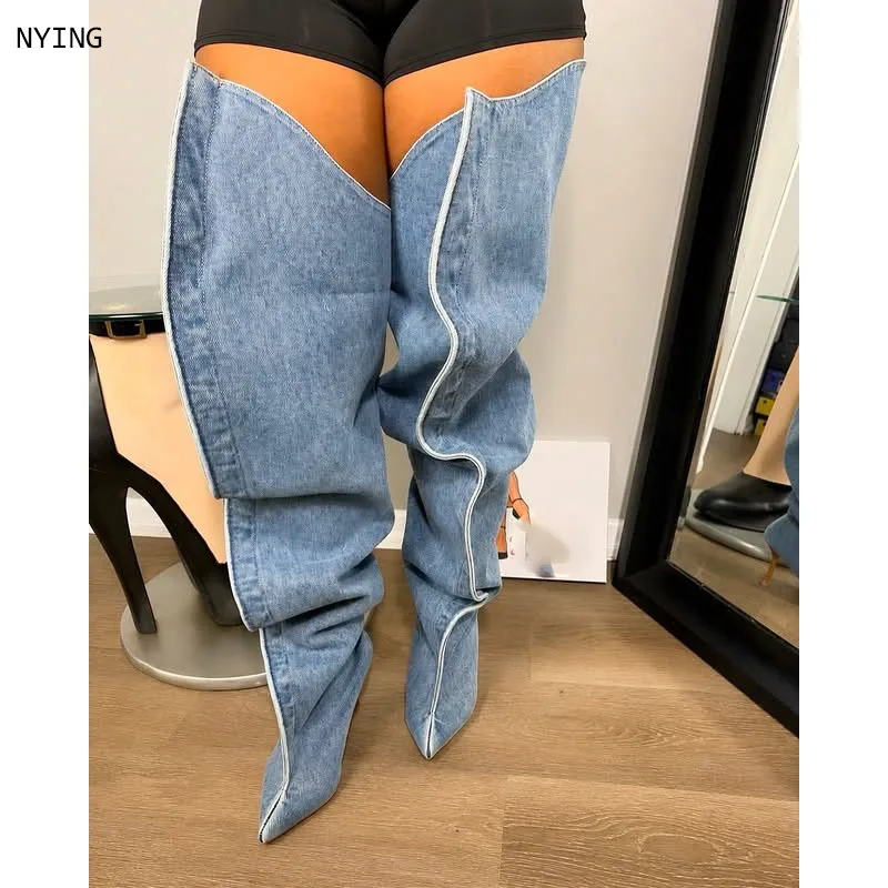 2026  Summer Wide Leg Loose Fitting Boots Women Long Pleated Stiletto Heels Pointed Toe Summer Denim Party Cool Girl Shoes 44