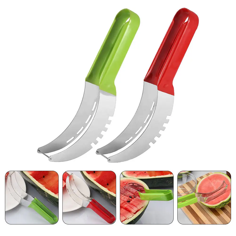 2Pcs Watermelon Slicing Tool Stainless Steel Plastic Fruit Cutter for Watermelons Cantaloupes Effortless One-Step Cutting