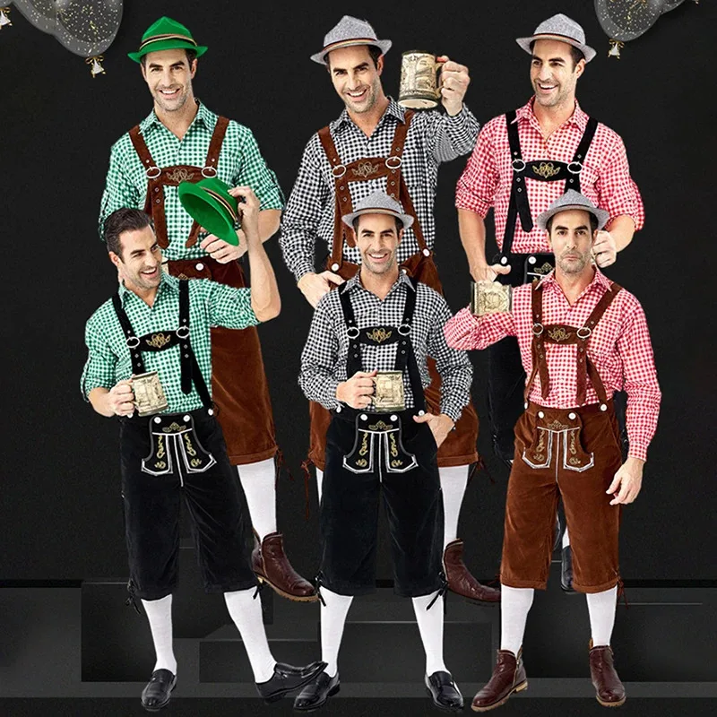 

New 2025 German Oktoberfest Costumes Men Traditional Bavarian Beer Male Shirt Rompers Shorts Set Cosplay Halloween Festiva ★AA9X