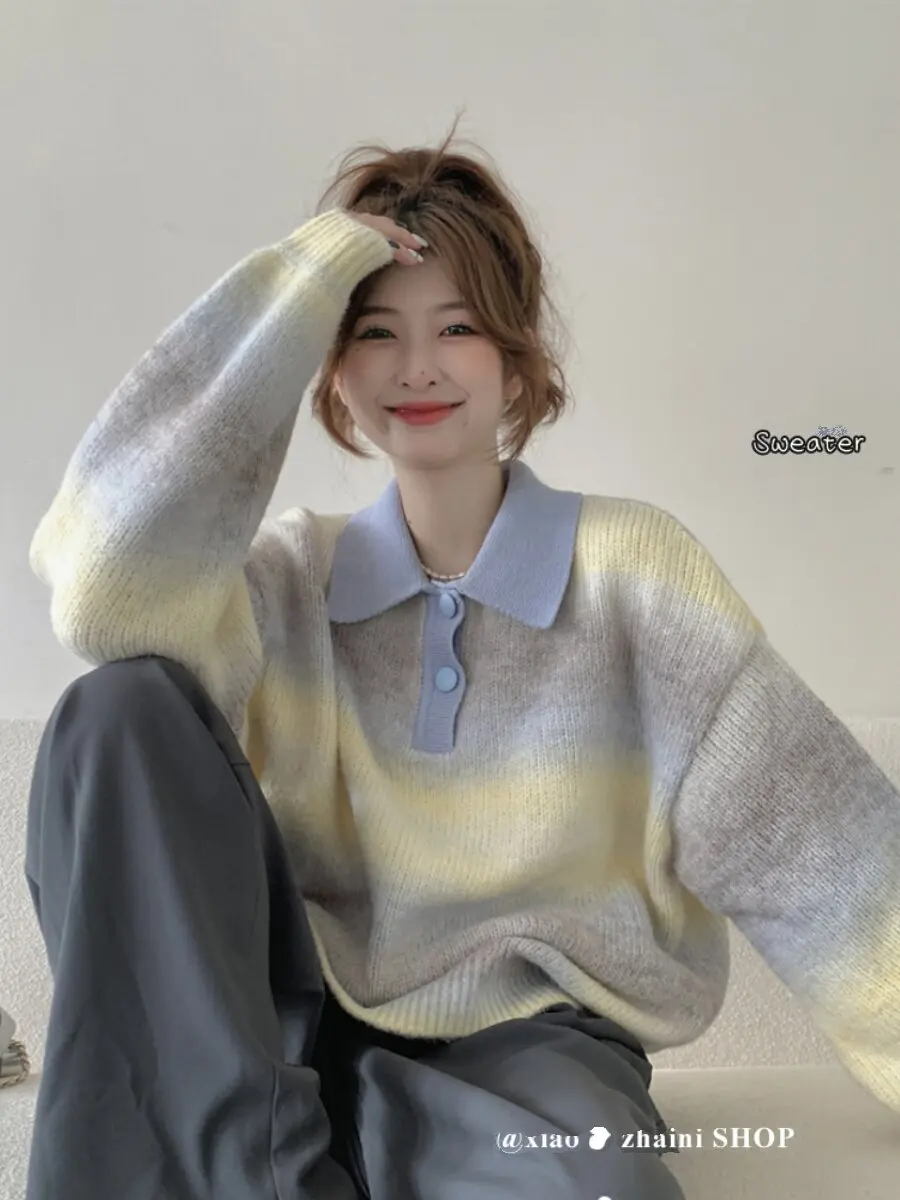 Gentle Color Blocked Lapel Long Sleeved Women's Sweater Autumn Winter New Item Gradient Striped Fashionable Loose Knit Top