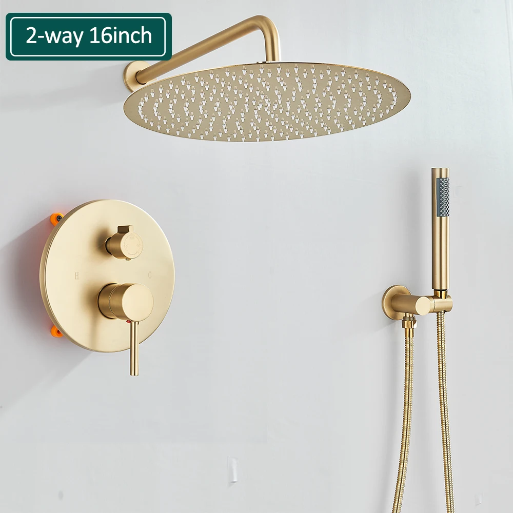 Geborsteld Goud Douchekranen Set Regendouche Systeem Verborgen Warm Koud Water Mixer Kraan Badkamer Ronde Douchekraan