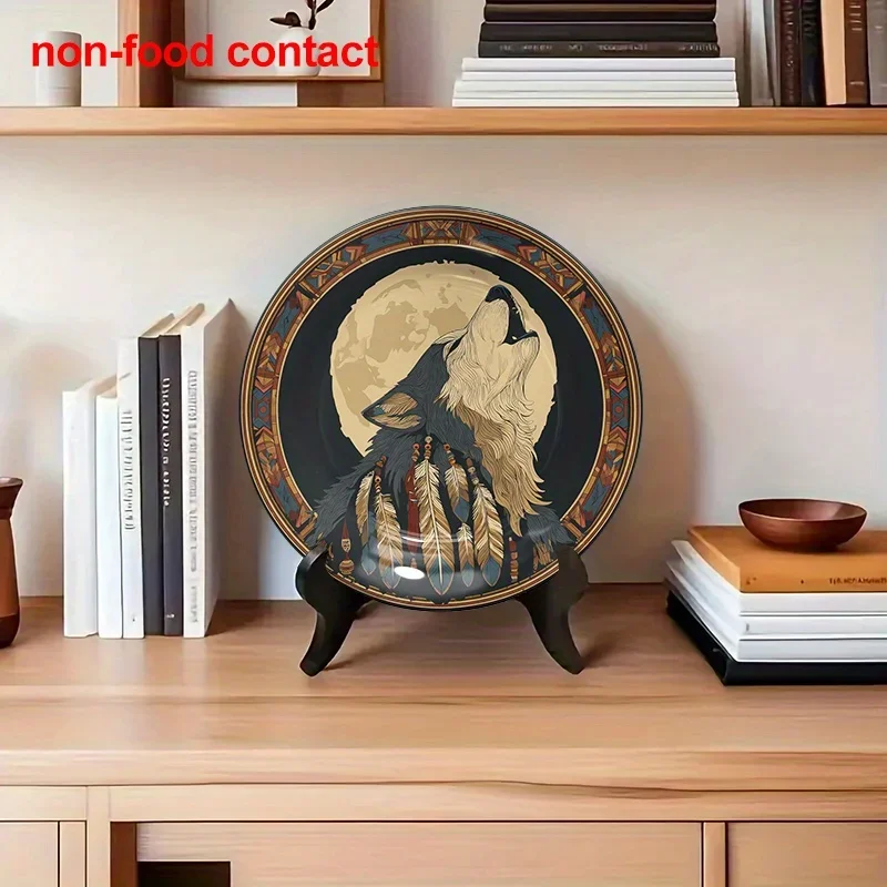 1pc Vintage Native American Howling Wolf Wall Decor - Ceramic Hanging Plate with Feather Design, Black & Golden Tribal Art for