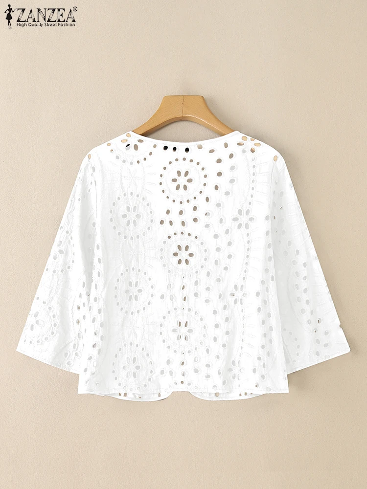 Stilvolle Herbst-Strickjacken mit Aushöhlung ZANZEA Damen-Bluse, bestickte Bluse, elegante Hemden, modische Kimonos mit 3/4-Ärmeln, schmale Passform
