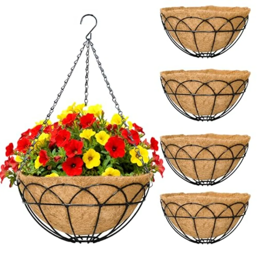 

4 Pack 14 Inch Black Wire Hanging Planter with Coir Fiber Outdoor Round Hanging Basket with Metal Chain for Balcony Porch Farmh